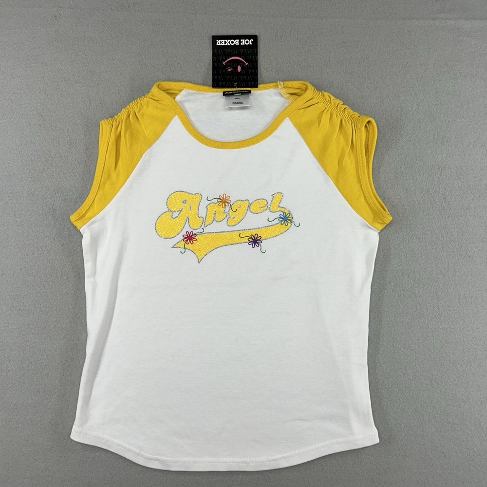 NWT Vintage Y2K JOE boxer Baby Tee Angel Graphic Raglan Yellow Kids Xl W- XS/S